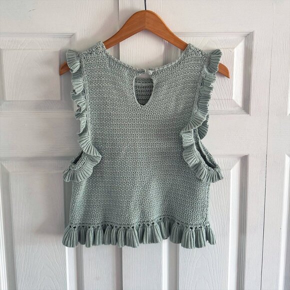 Mable Crochet Knit Ruffle Keyhole Boho Cropped Top in Mint - Picture 5 of 10